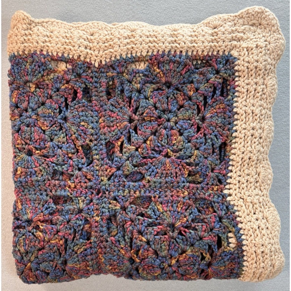 Vintage Granny Square Crochet Afghan Throw Multicolor Handmade Blanket Tan Trim